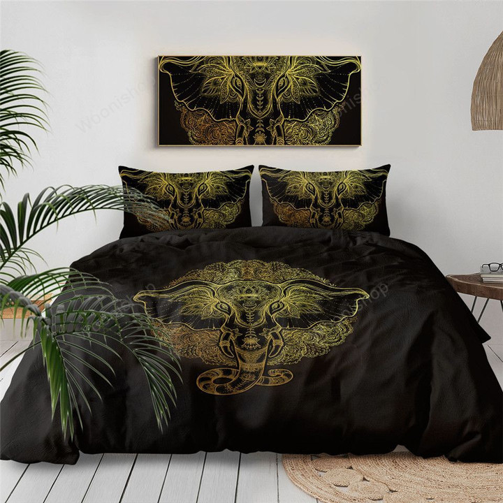 Tribal Elephant Bedding Set Boho Mandala Golden Design Ethnic God Duvet Cover Symbol Bed Set