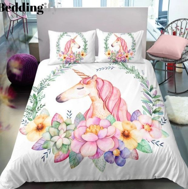 Circle Of Flowers Unicorn Bedding Set 