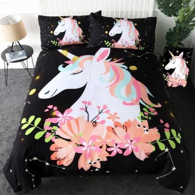Pink Flower Unicorn Bedding Set 
