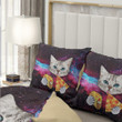 Cat Bedding Set - Gray Cat Eats Pizza With Colorful Galaxy Bedding Set - Gifts For Cat Lovers