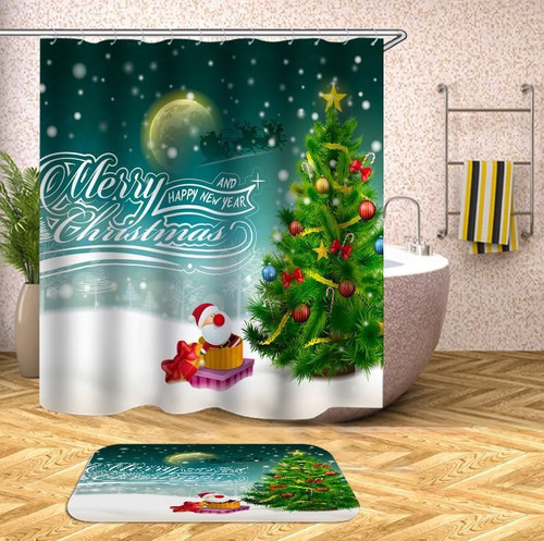 Christmas Bath Mat And Shower Curtain Set Fabric Cute Green Polyester Cloth Bathroom Curtains