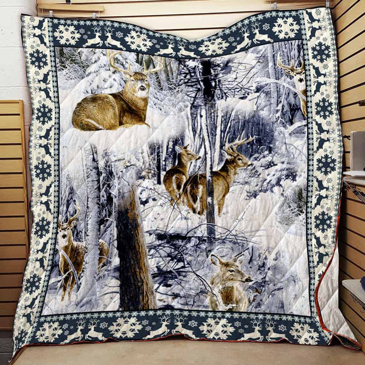 Deer In The Winter Forest 3D Personalized Customized Quilt Blanket 3252 Design By Exrain.Com