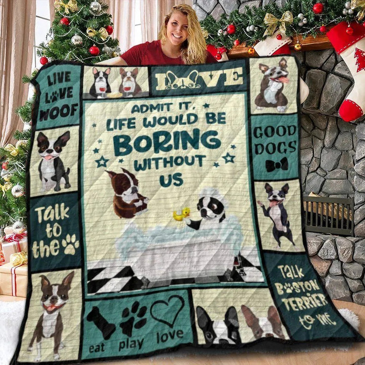 Boston Terrier Talk To The Paws Premium Quilt Blanket Size Throw, Twin, Queen, King, Super King