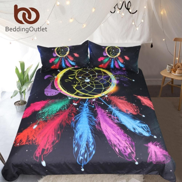 Colorful Feathers Night Moon Dreamcatcher Native American Bedding Set Iyt