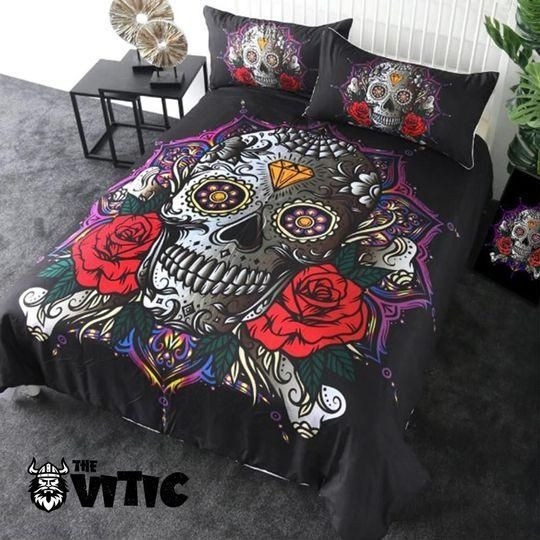 Rose Pattern Mandala Skull D Black Red Polyester Bedding Set Xxtj