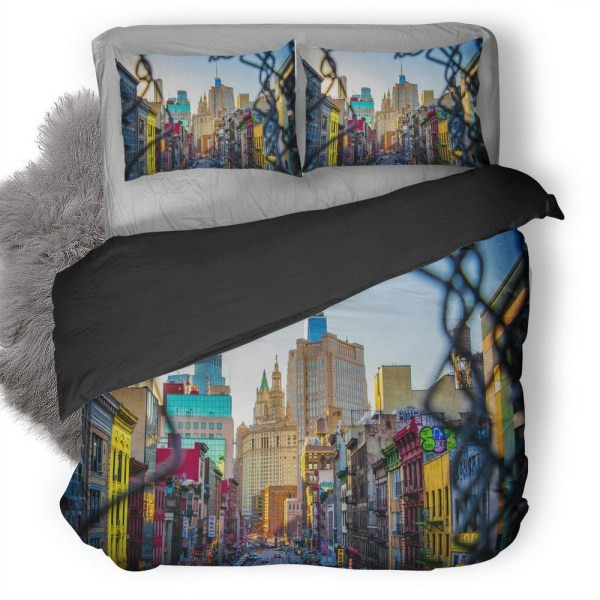 Colorful City View From Broken Fence Wall Bedding Set