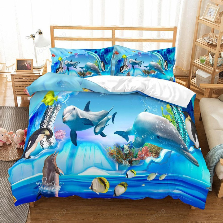 Dolphin Jumping Blue Bedding Set Seaworld Cartoon Kids Duvet Cover Set 2/3Pcs Turtle Shark Microfiber Bed Linen Set Pillowcase
