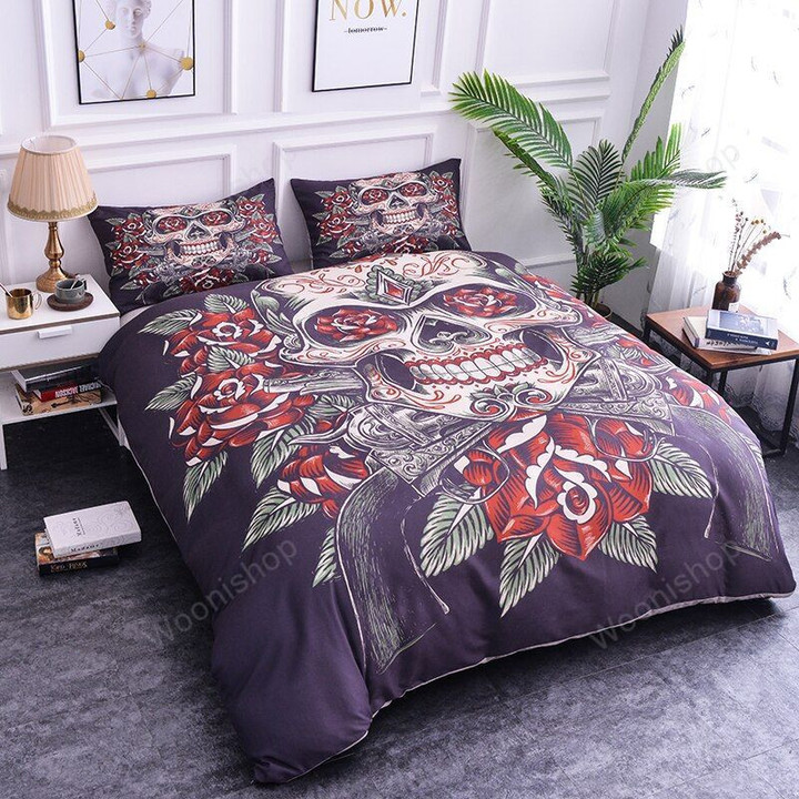 Sugar Skull Printing Bedding Sets 2/3Pcs Flowers Pattern Bed Linings Duvet Cover Pillowcases Black And White Home Decor