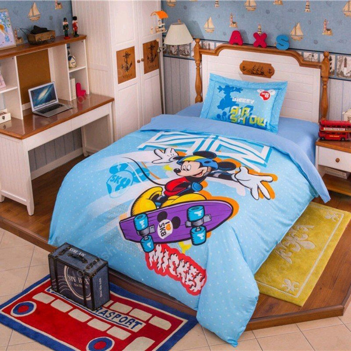 Disney 3D Print Blue Mickey Mouse Summer Bedding Sets Bedsheet Duvet Comforter Cover Pillowcases For Kids Boys Twin Queen Bed