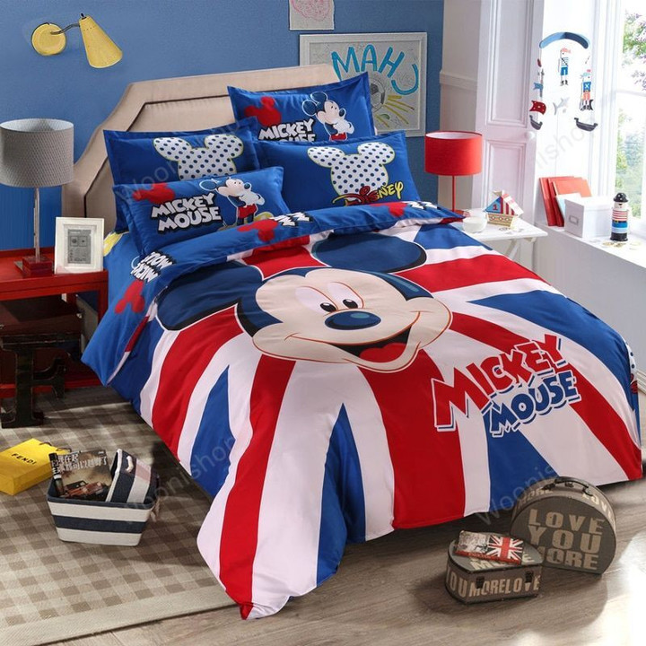 Kids Mickey Mouse Bedding Set Boys/Girls Duvet Cover British Flag Cartoon Pattern Flat Sheet Full Queen Twin Size Bed Linen