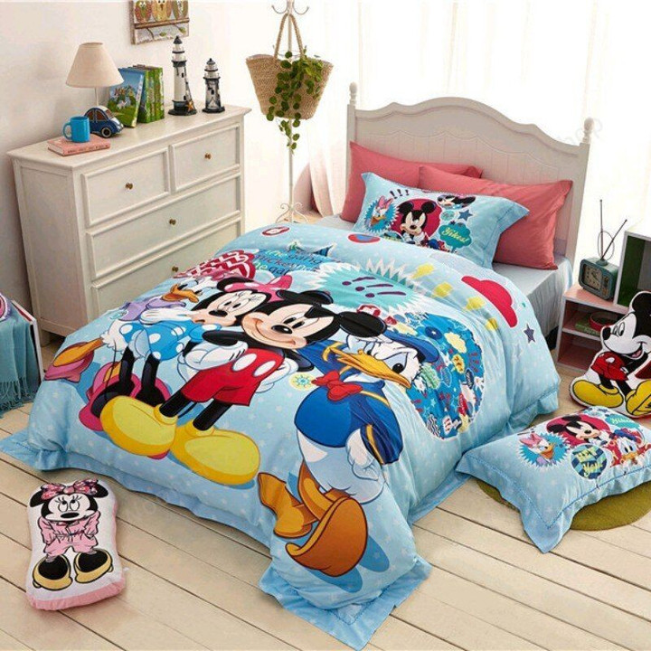 Excellent Quality Blue Mickey Mouse 3D Bedding Sets Adults Kids Bedroom Decor Cotton Bedsheet Duvet Cover Set 3/4Pcs No Filler