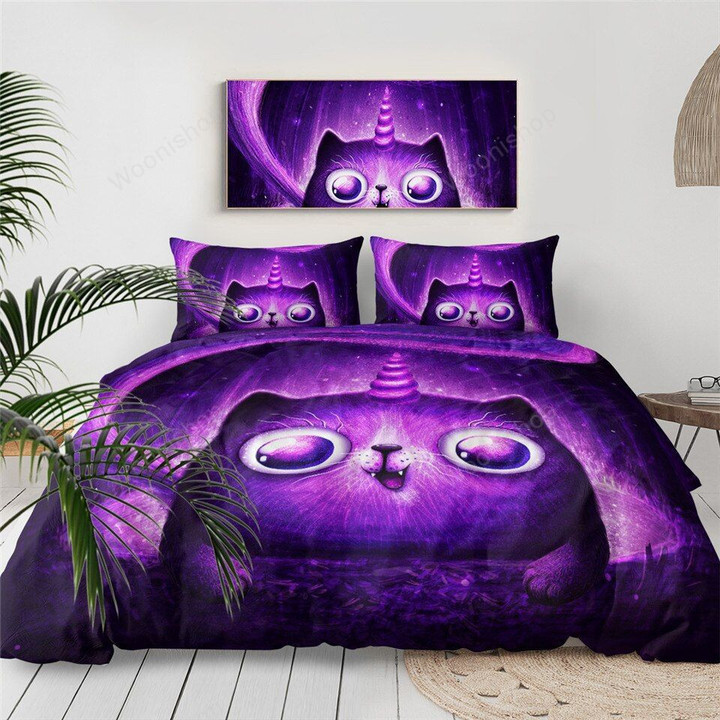 Purple Cat Bedding Set Unicorn Comforter Cover Watercolor Cute Animal Bed Set Kawaii Cartoon Kids Bedspreads 3Pcs
