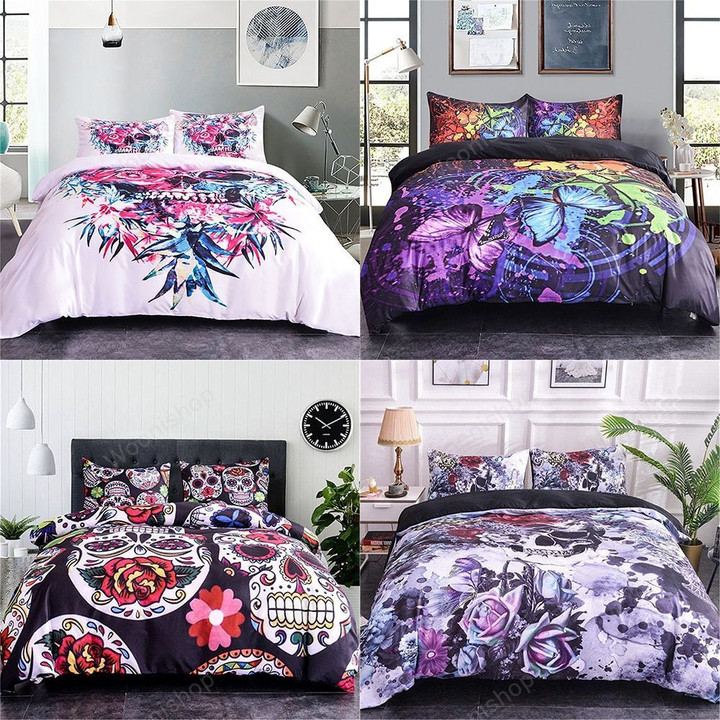 Luxury Skull Duvet Cover Set Sugar Floral Skull Comforter Bedding Sets Printed Bedding Set Queen King Size Bedding Set