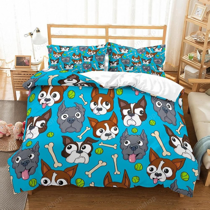 Cartoon Pug Bone Blue Quilt Cover Pillowcase Full Queen King Double Single Bed Linen Set Animals Bedding Sets (Dogs 2/3 Piece)