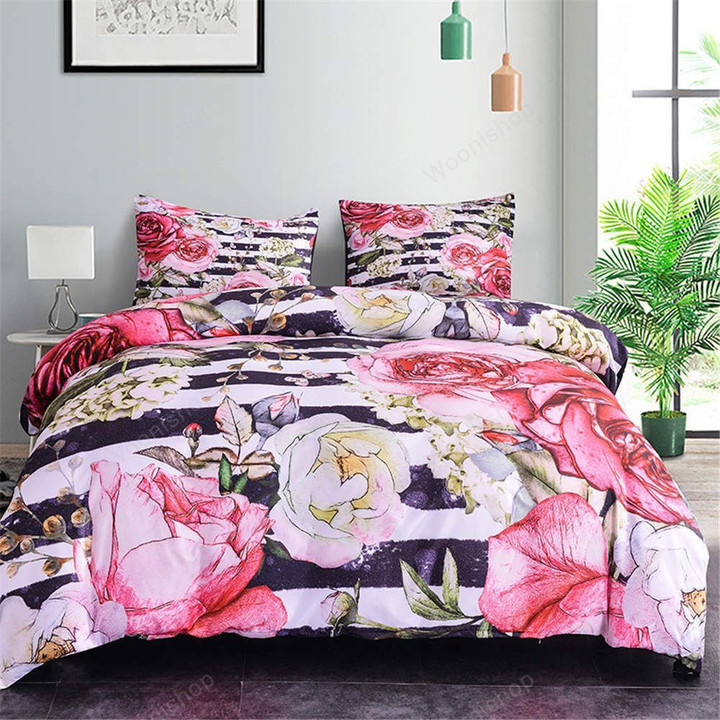 Rose Stripe Printed Bedding Set Fashion Luxury Home Textile Duvet Cover Soft Comfortable 2/3Pcs King Queen Full Twin Size