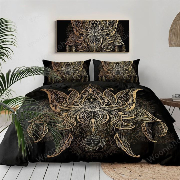 Lotus Bedding Set Queen Size Flower Bohemian Duvet Cover Sun Print Boho Bed Set King Black Multi Sizes Bedspreads