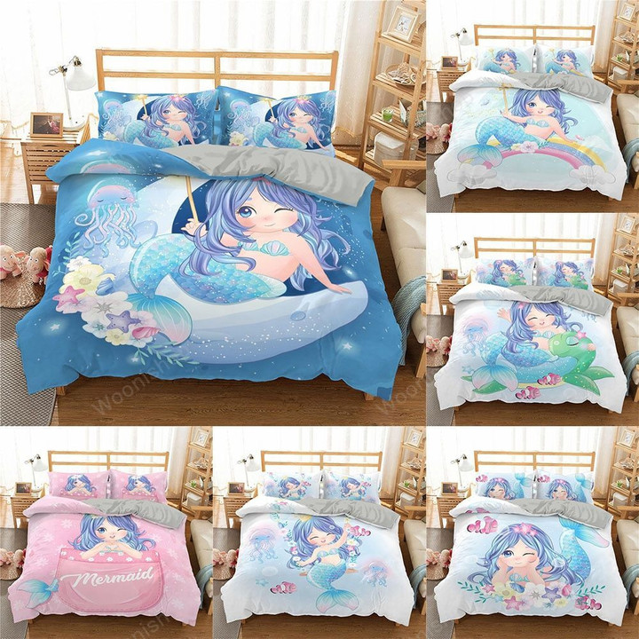 Mermaid Bedding Set For Kids/Baby/Child/Boy/Girl 3D Cartoon Cute Duvet Cover Set Twin Full Bed Linen Set Bedspreads