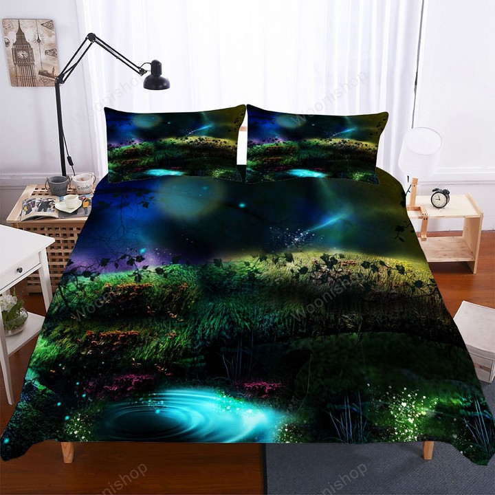 Fantasy Forest Bedding Set Cartoon With Floral Mushroom Duvet Cover Set Dreamy Girl Bed Linen Set Lake Print Bedroom Decoration