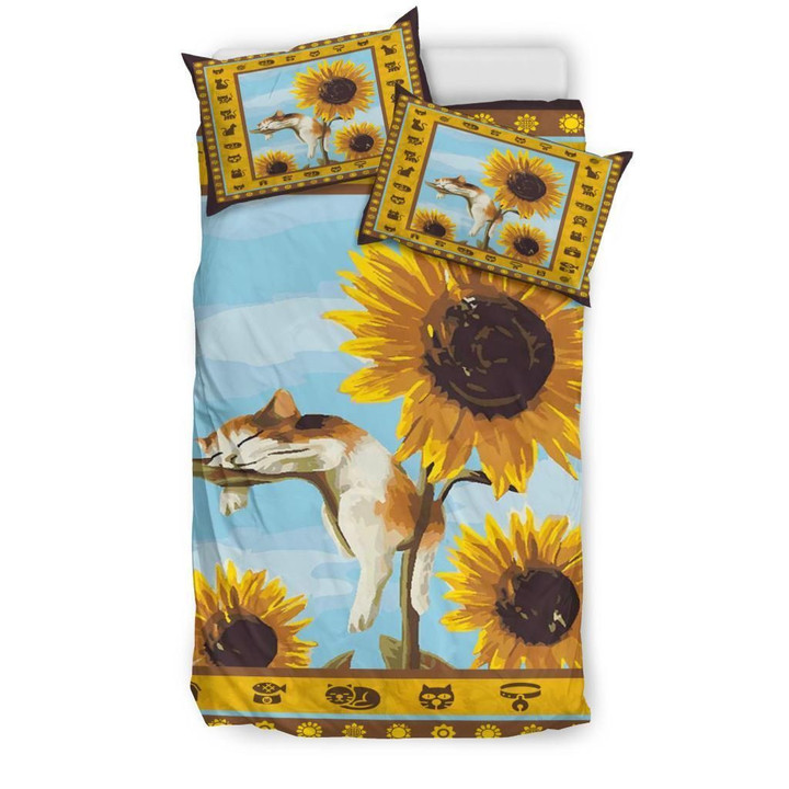 Sleeping Cat & Sunflower Bedding - Duvet Cover And Pillowcase Set