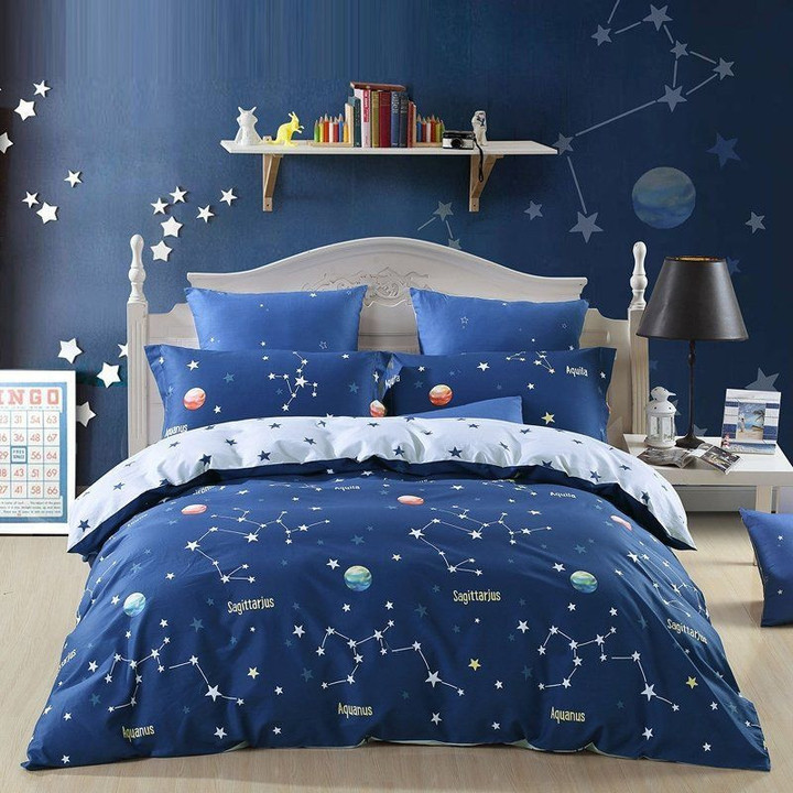 Navy Blue And White Galaxy Print Astronomy Scene Cla1210326B Bedding Sets