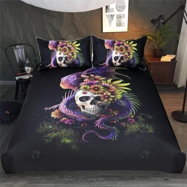 Dangerous Monster Purple Floral Skull Bedding Set Bedroom Decor
