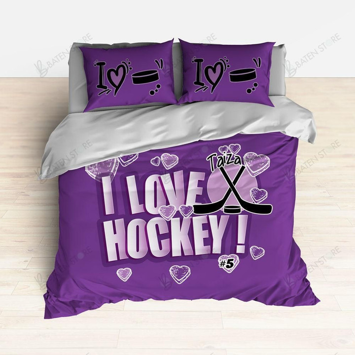 Purple Personalized I Love Hockey Bedding Set Bedroom Decor