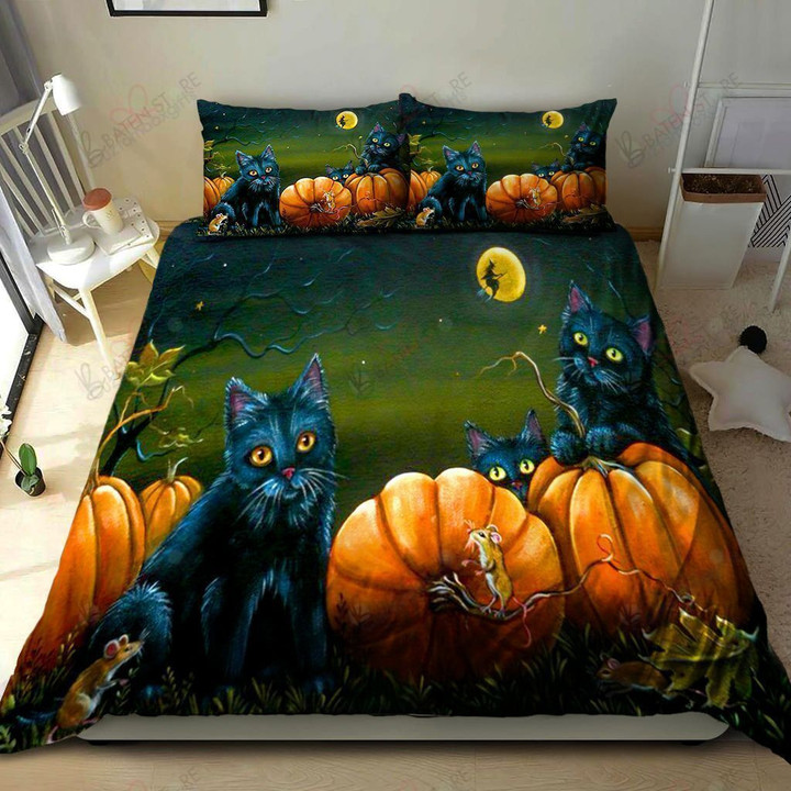 Black Cat Pumskin And Mouse Printed Bedding Set Bedroom Decor