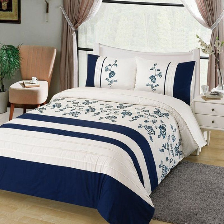 Navy Blue And White Striped And Wildflower Bedding Set All Over Prints
