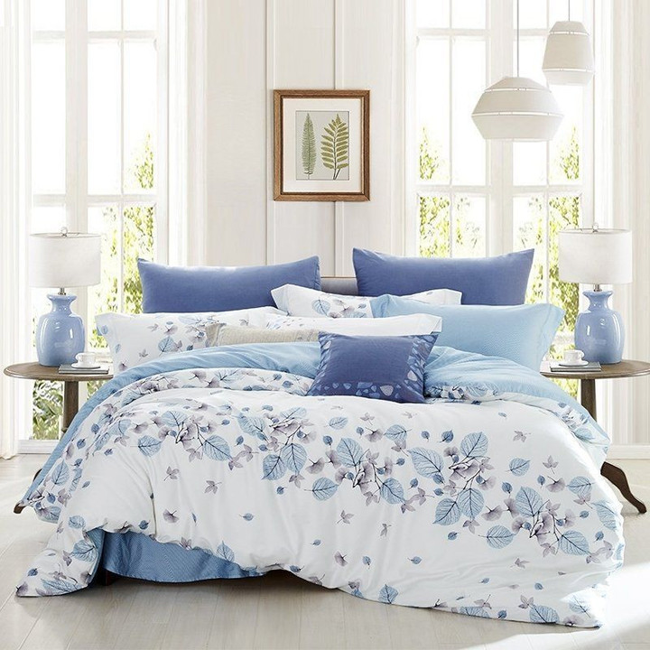 Light Blue Gray And White Vintage Leaf Bedding Set All Over Prints