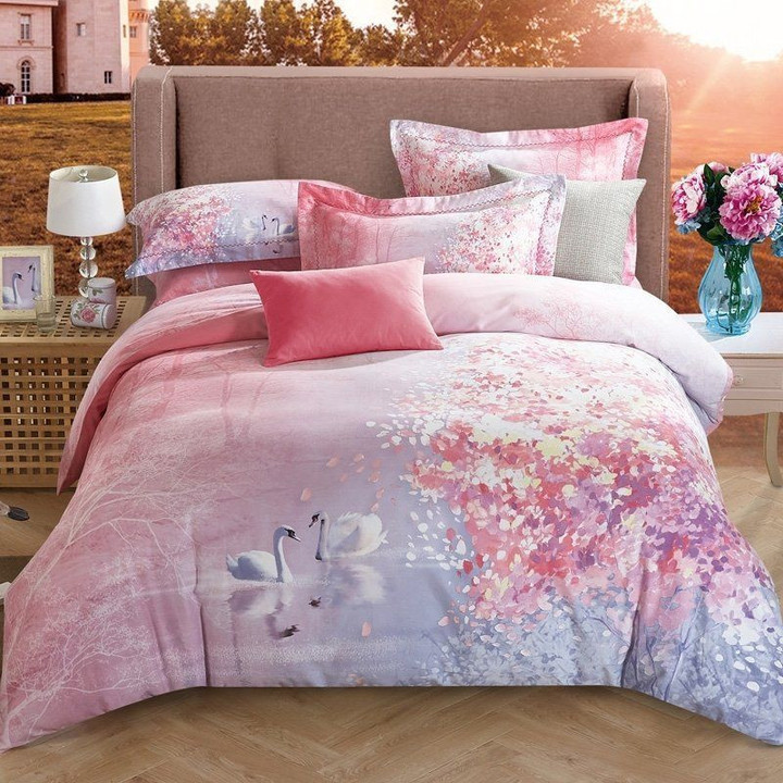 Cute Swan Pastel Ombre Style Romantic Bedding Set Iy