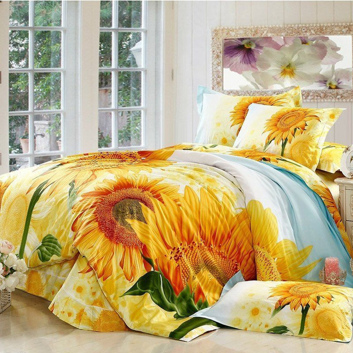 Orange Yellow And Green Bright Colorful Sunflower Print Country Chic Garden Bedding Set Iy