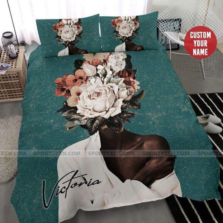 Flower Black Woman Custom Name Duvet Cover Bedding Set