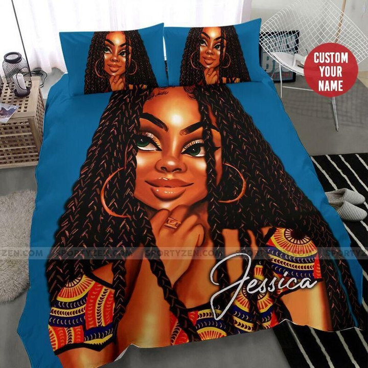 Long Hair Black Girl African Custom Name Duvet Cover Bedding Set