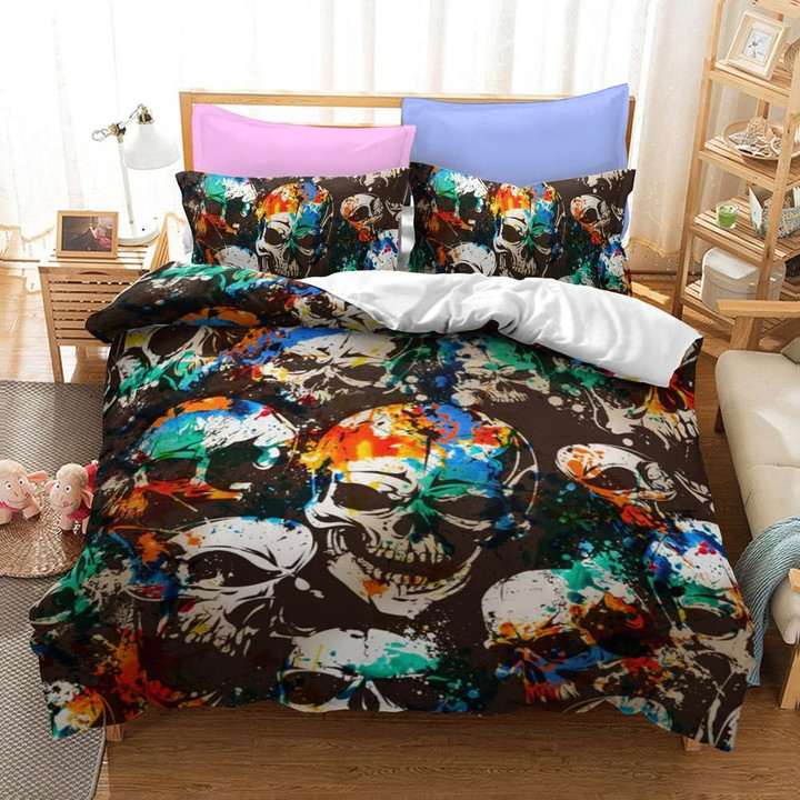 Splattered Colored Skull Cotton Bed Sheets Spread Comforter Duvet Cover Bedding Sets