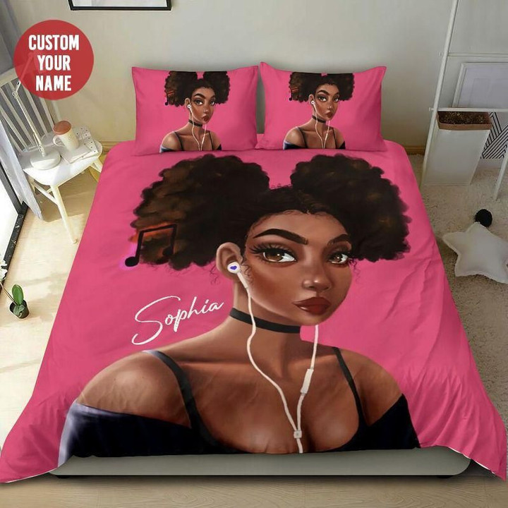 Music So Cool Black Girl Hot Pink Custom Name Duvet Cover Bedding Set