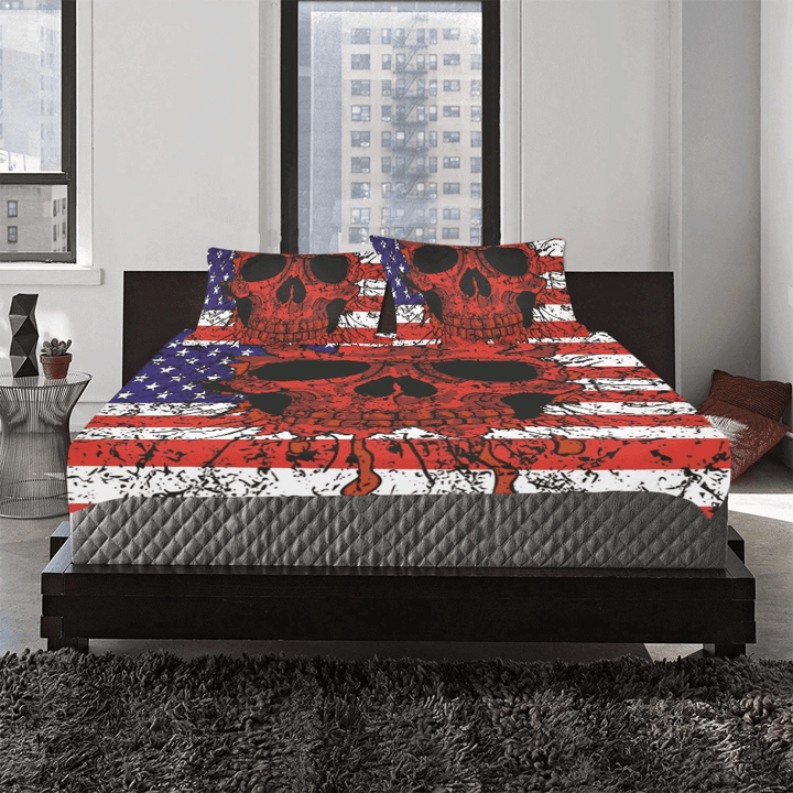 Skull Us American Flag Cotton Bed Sheets Spread Comforter Duvet Cover Bedding Sets