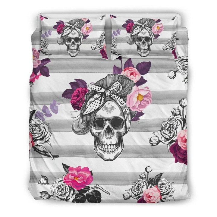 Skull Floral Stripe Background Bedding Set (Duvet Cover & Pillow Cases)