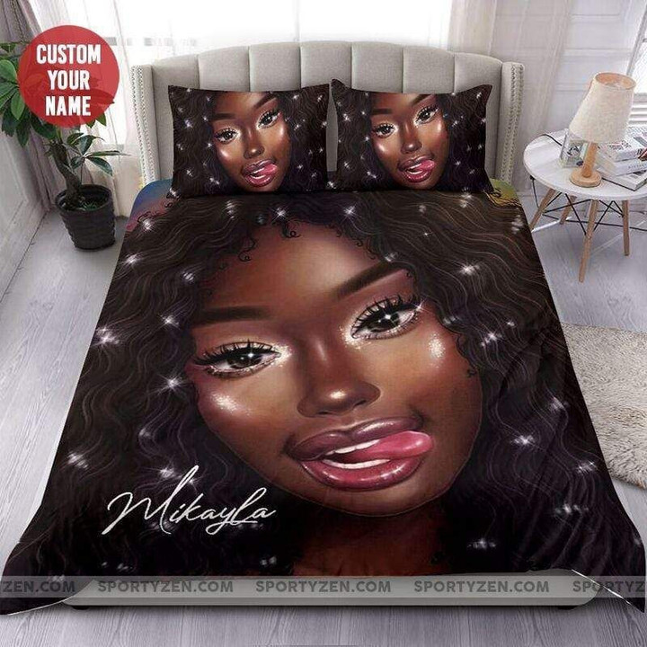 Black Girl Blink Curly Hair Custom Name Duvet Cover Bedding Set