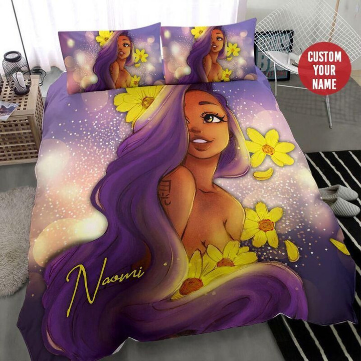 African Girl Purple Long Hair Flower Personalized Custom Name Duvet Cover Bedding Set