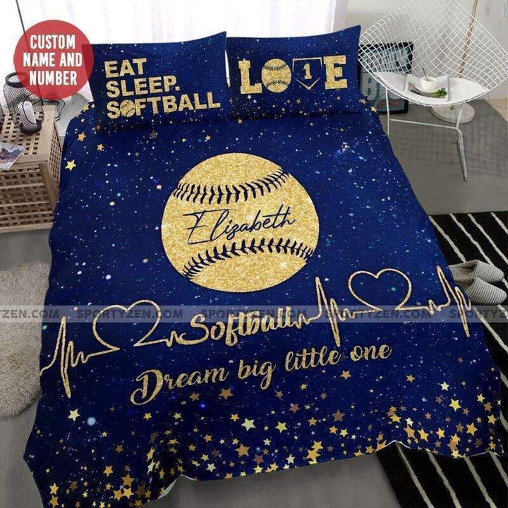 Dream Big Little One Galaxy Softball Duvet Cover Bedding Set Personalized Custom Name And Number
