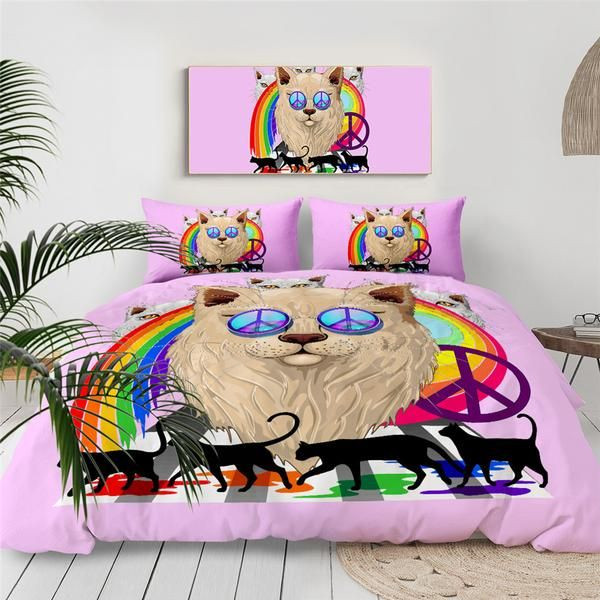 Rainbow Pink Cat Cotton Bed Sheets Spread Comforter Duvet Cover Bedding Sets