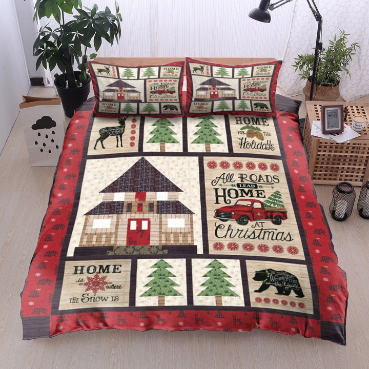 Merry Christmas All Road Lead Home At Christmas Cotton Bed Sheets Spread Comforter Duvet Cover Bedding Sets
