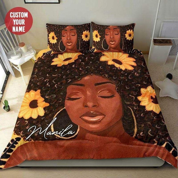 Black Girl Sunflower On Hair Personalized Custom Name Duvet Cover Bedding Set