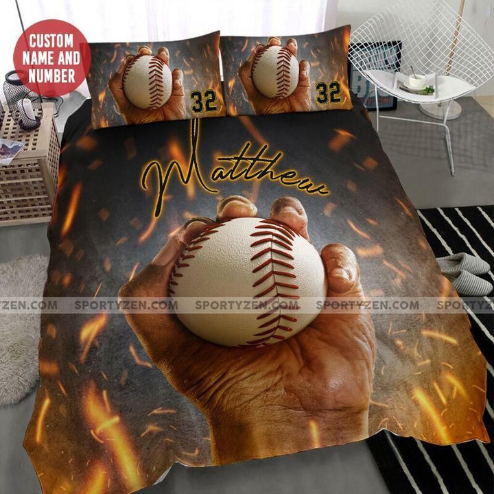 Hold The Ball Baseball Custom Duvet Cover Bedding Set With Name