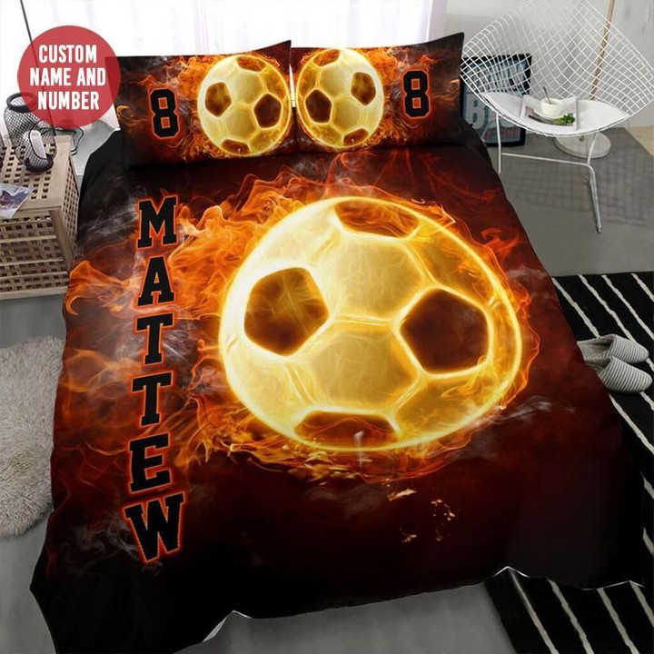 Soccer Fire Personalized Custom Name Duvet Cover Bedding Set