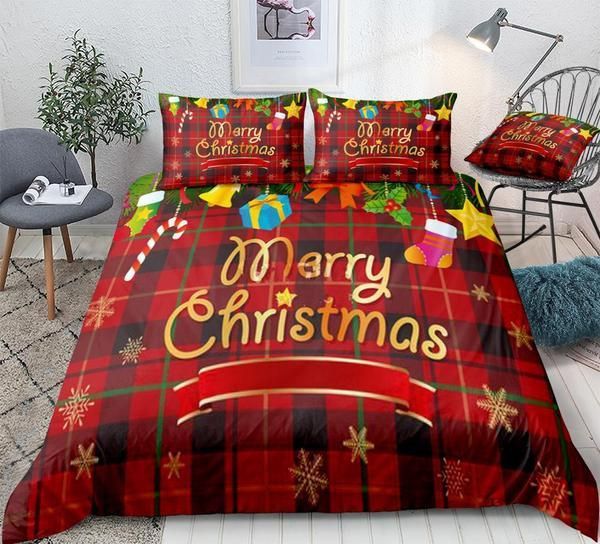 Snowflake Pattern Christmas Gifts Red Plaid Cotton Bed Sheets Spread Comforter Duvet Cover Bedding Sets
