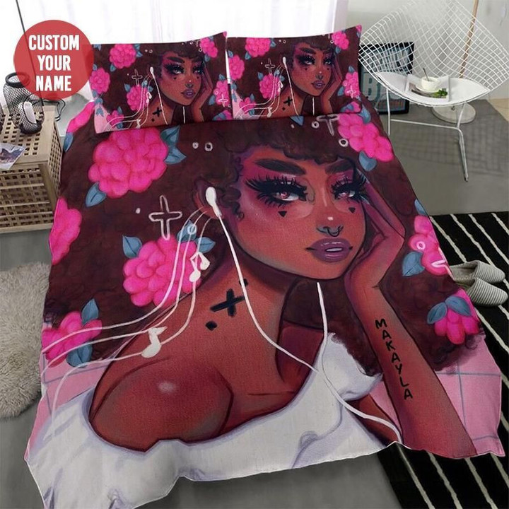 Black Girl Pink Flower Hair Personalized Custom Name Duvet Cover Bedding Set