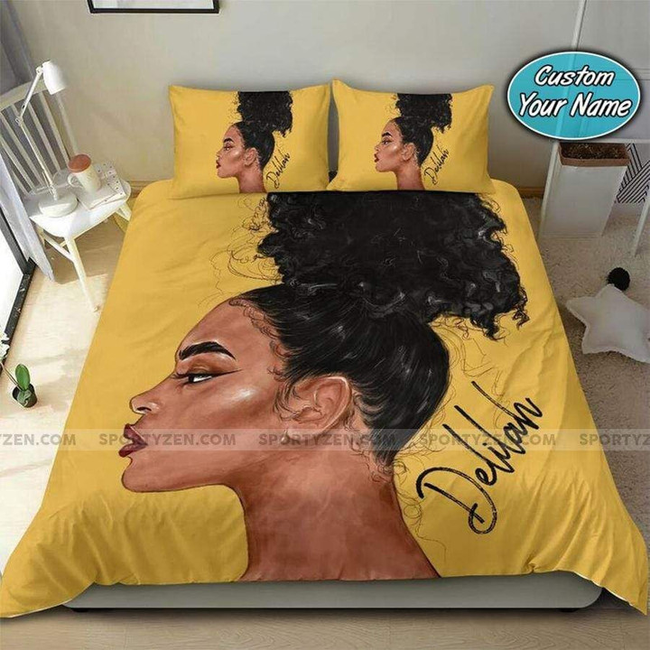 Black Woman With High Puff Personalized Custom Name Duvet Cover Bedding Set