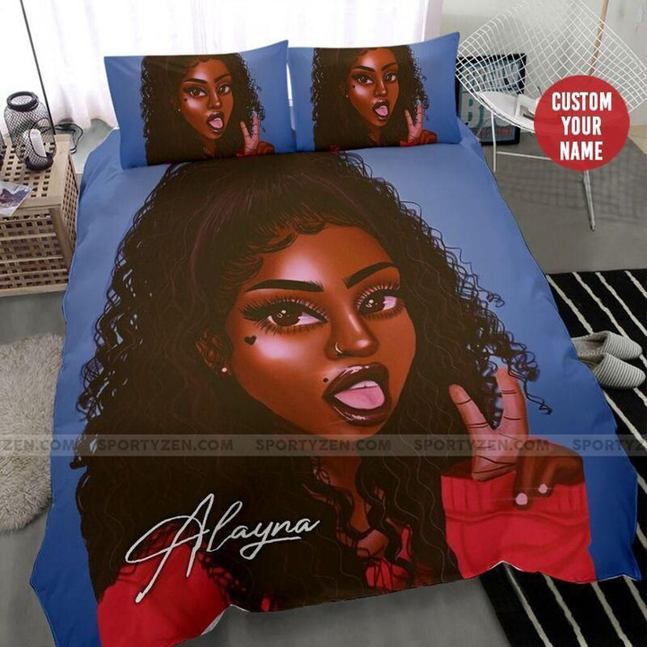 Black Girl African With Afro Hairstyle Custom Name Duvet Cover Bedding Set