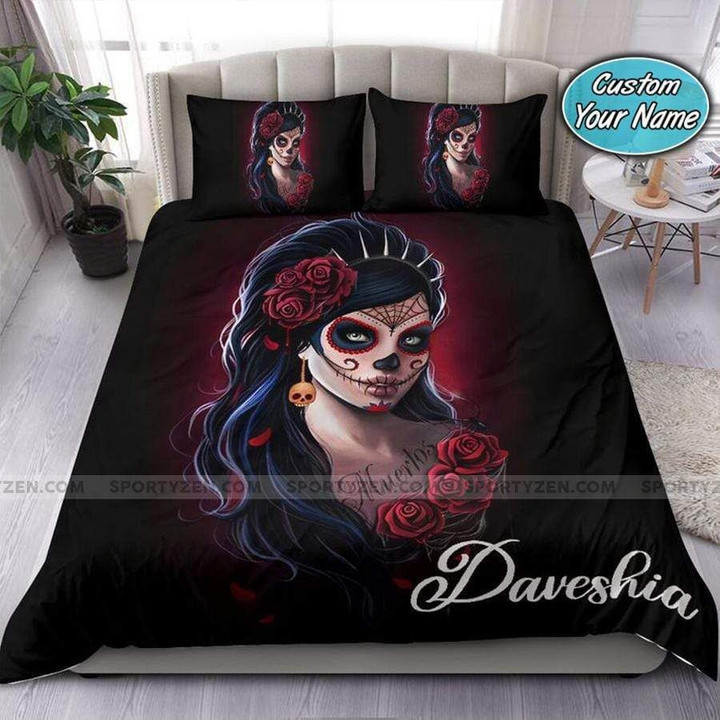 Rose Woman Skull Personalized Custom Name Duvet Cover Bedding Set